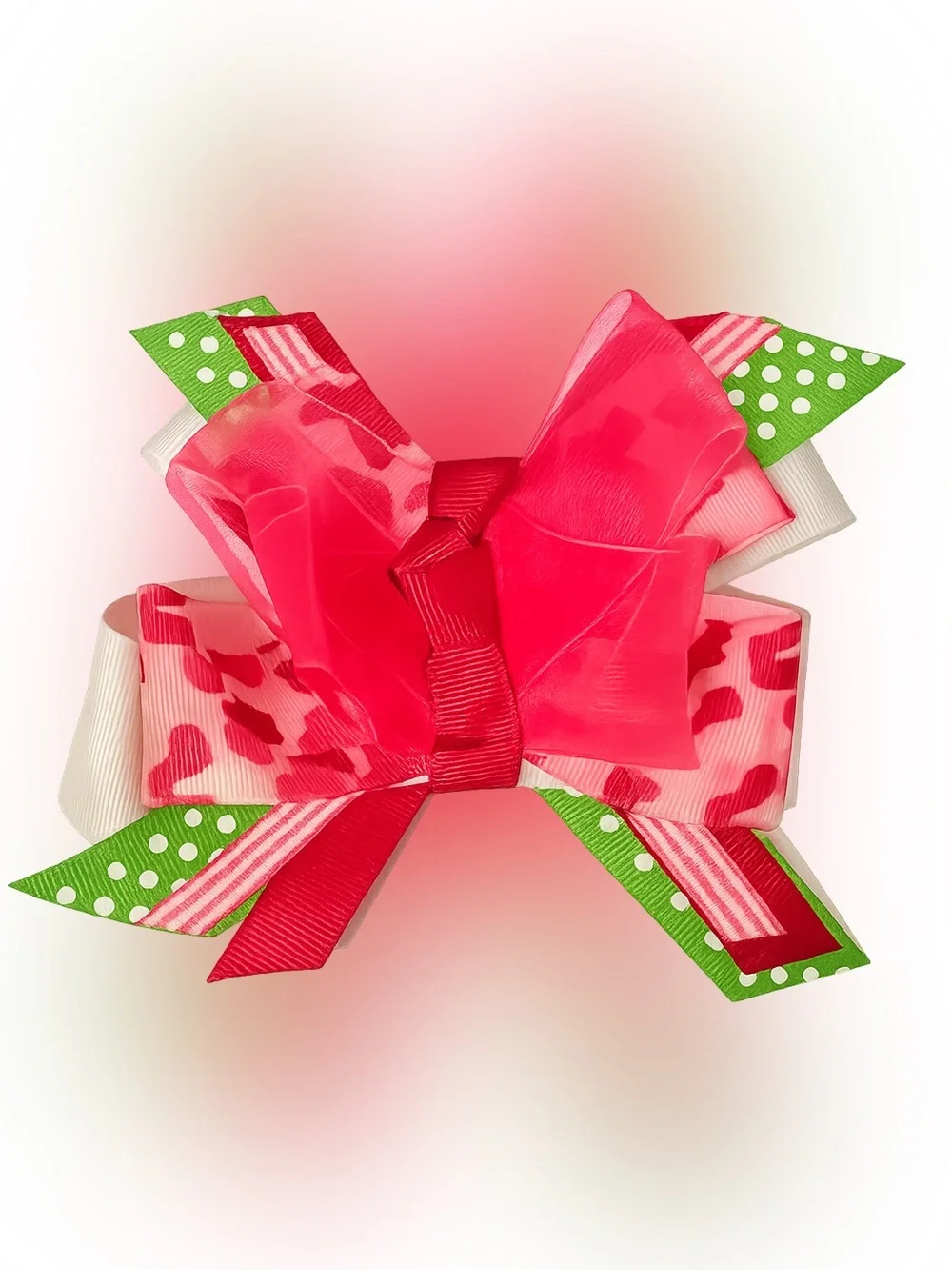 Girls Layered‎ Ribbon Hair Bow - Red, Pink & Green Camo Polka Dots
